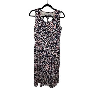 Talbots XS Sleeveless Midi Dress Navy Pink White Polka Dot Cutout Back NWT‎